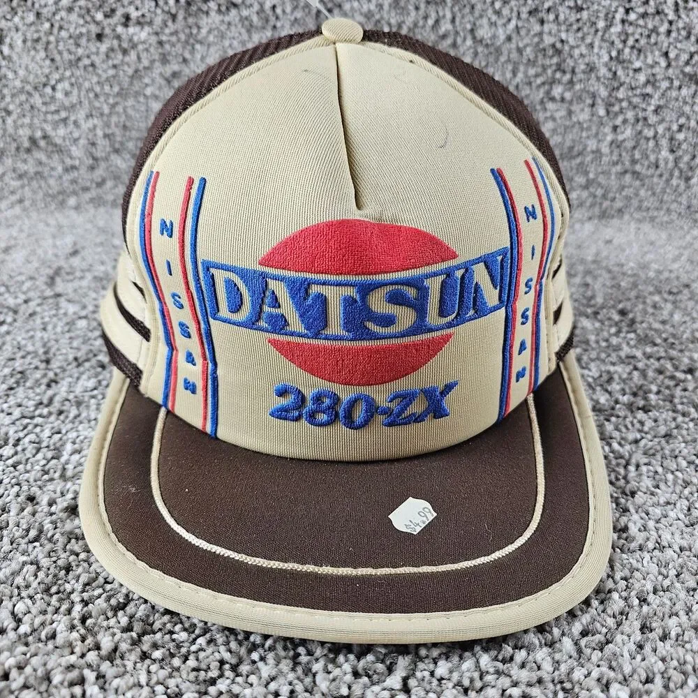 Vintage Datsun Trucker Hat Cap Snap Back 3 Stripe Mesh 280ZX Brown Tuner JDM 80s